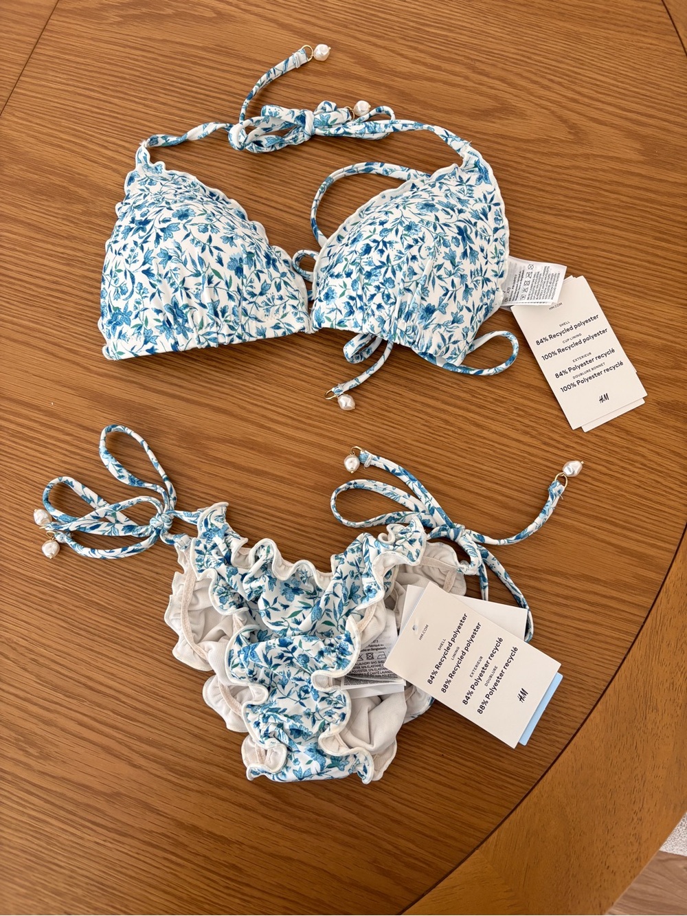 H&M Blue and White Floral Ruffle Bikini Set